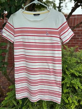 HAZZYS LONDON Ivory Red Striped Short Sleeve Dog Logo T Shirt Dress Size M***
